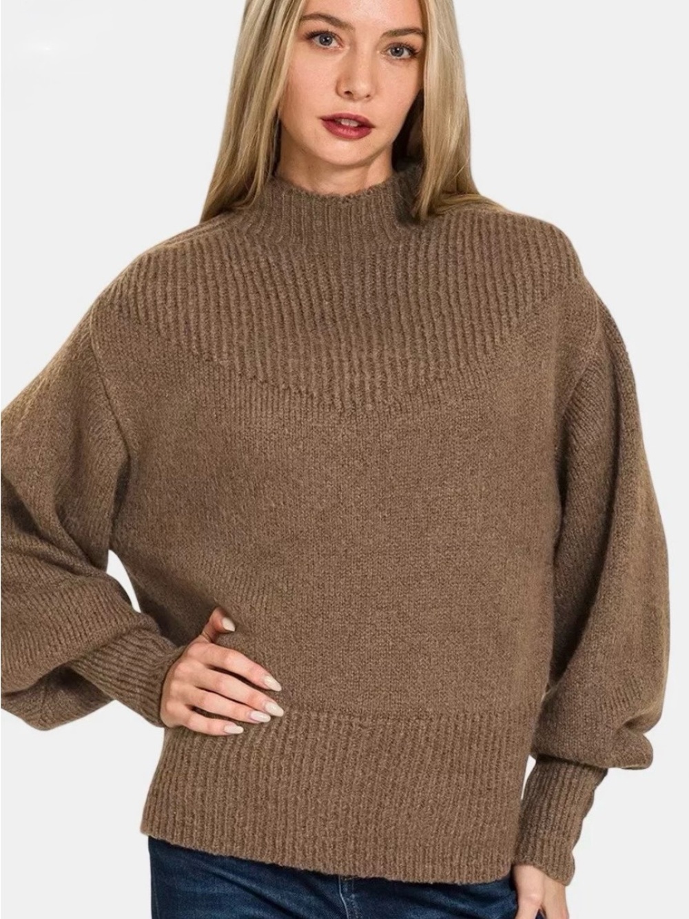 Zenana Cozy Funnel Neck Balloon Sleeve Sweater - Brown- new